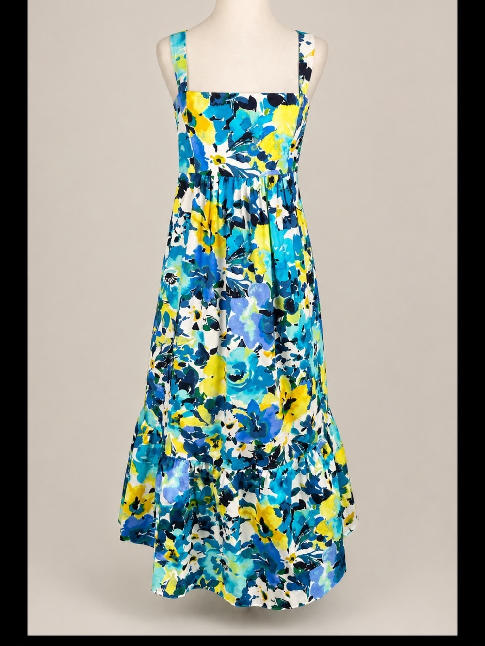 London Times Blue Yellow Floral Maxi Dress | Cotton Blend | Smocked Back | Size